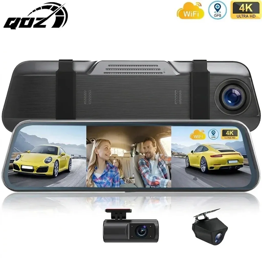 מראת דרך QOZ תלת־מצלמת 4K עם Wi‑Fi ו‑GPS
