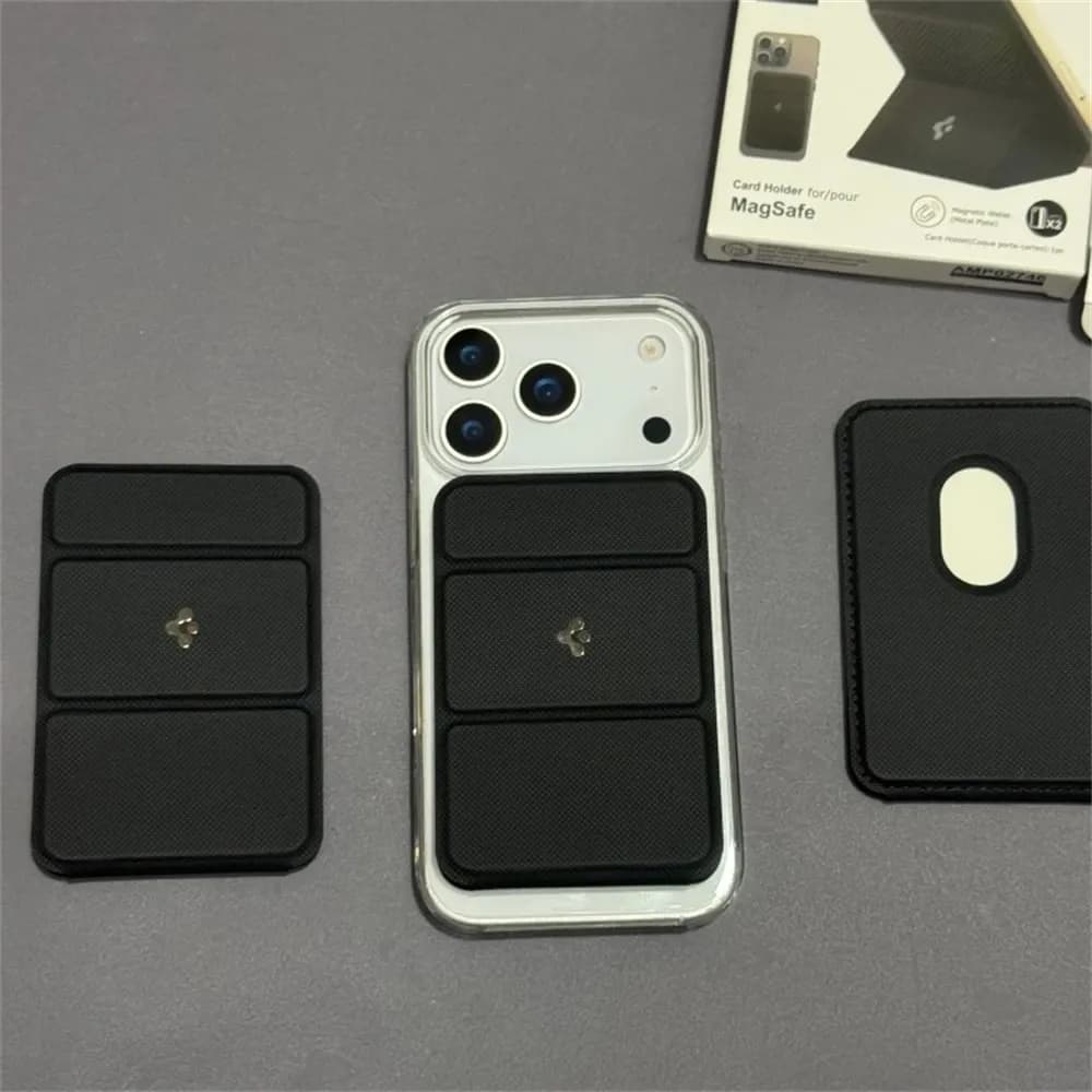 נרתיק כרטיסים מגנטי דק מעור ל‑iPhone עם מעמד מתקפל