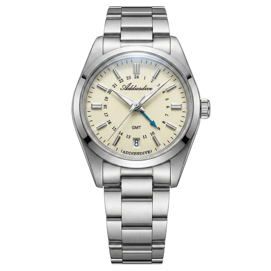 שעון ADDIESDIVE GMT כסוף עם לוח קרם