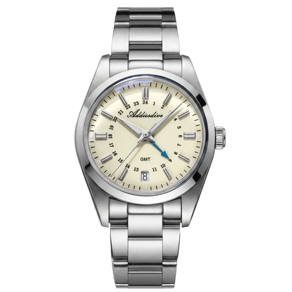 שעון ADDIESDIVE GMT כסוף עם לוח קרם