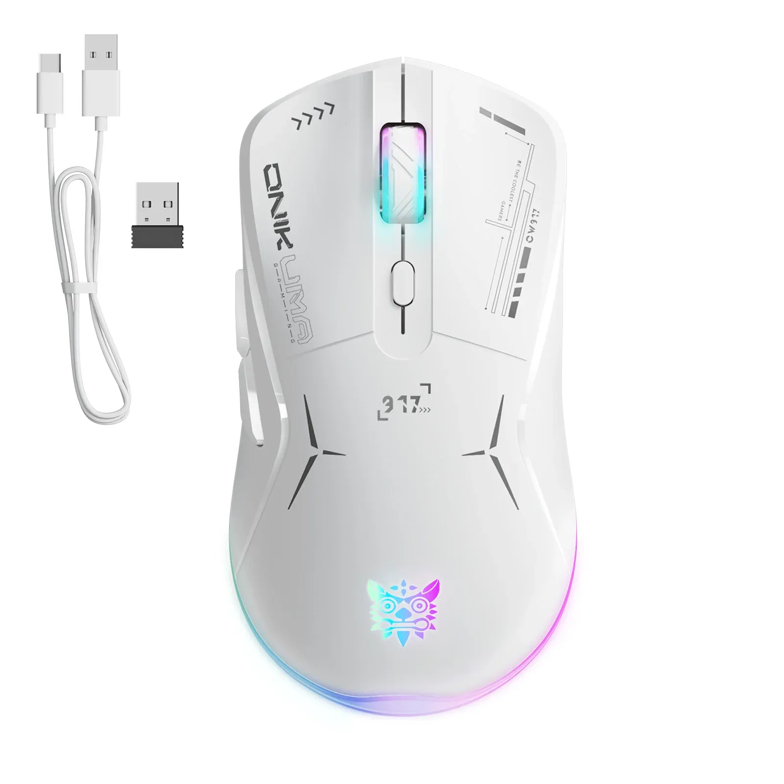 עכבר גיימינג אלחוטי ONIKUMA CW917 לבן עם תאורת RGB וסוללה מובנית