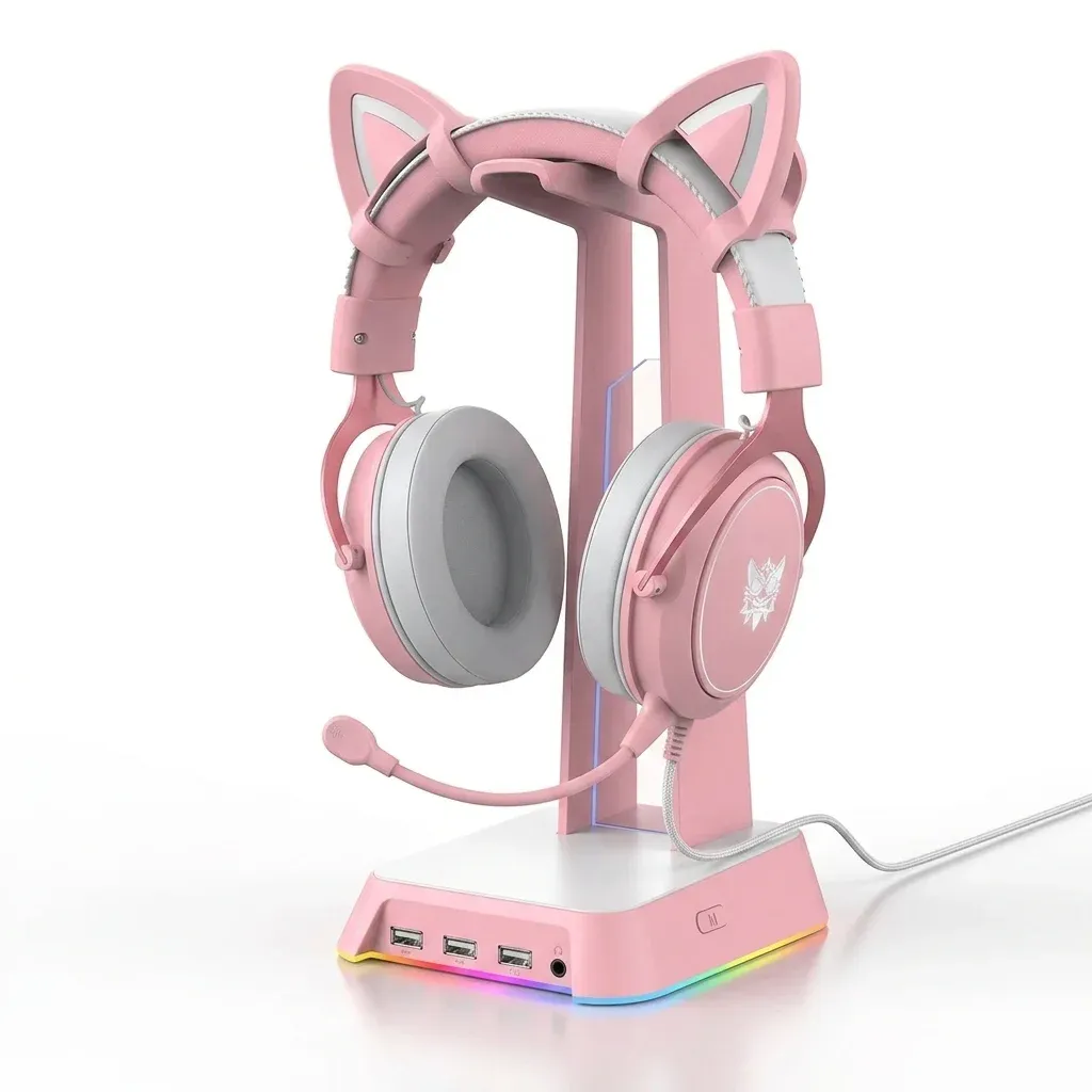 אוזניות גיימינג ורודות ONIKUMA X10 עם מעמד